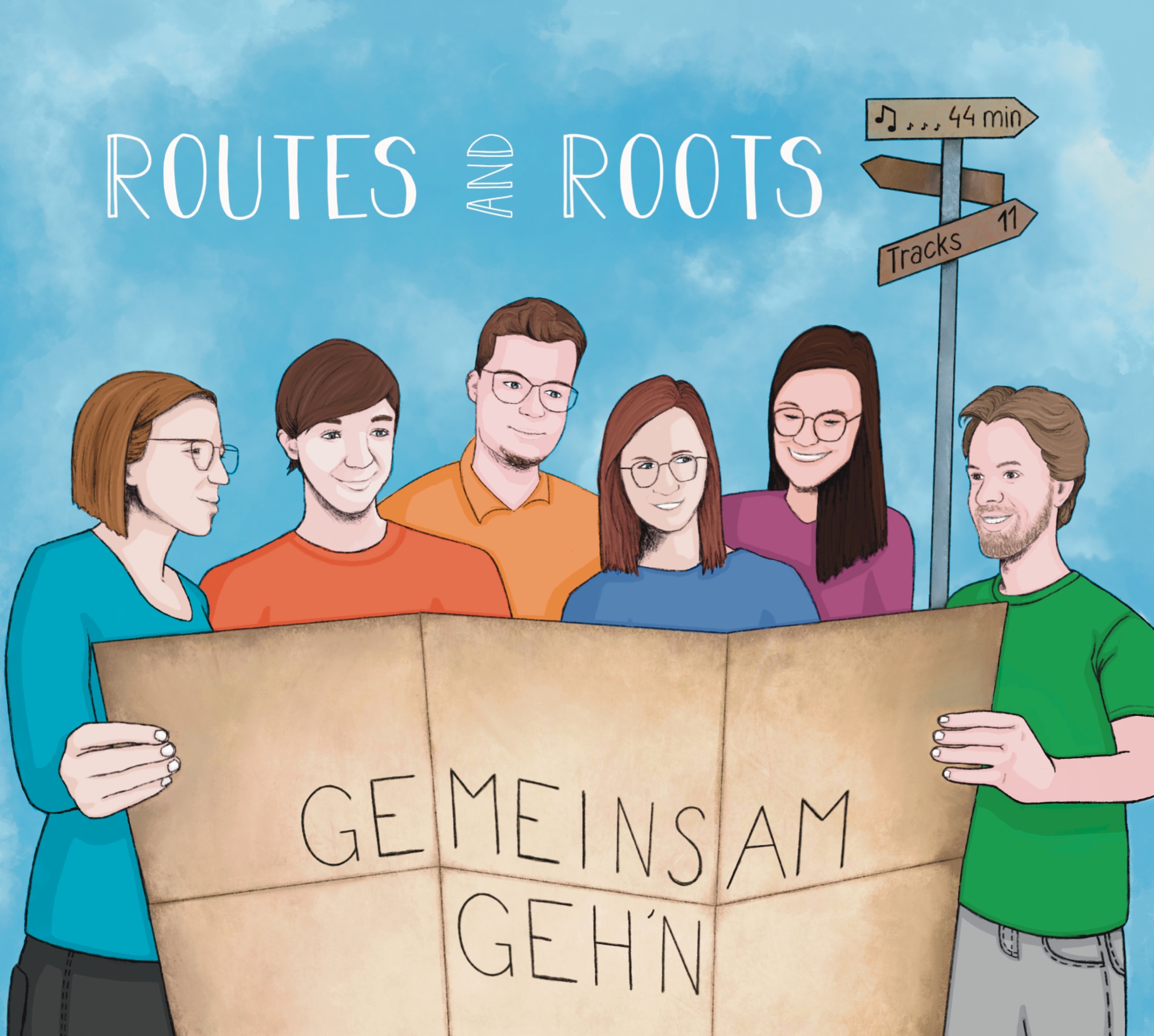 Das Album Cover mit blauem Hintergrund und allen sechs Ensemblemitgliedern, die eine große Karte in der Hand halten. Die Karte zeigt den Text Gemeinsam geh'n. Im Hintergrund ist ein Wegweiser mit dem Text 44 min und 11 Tracks.